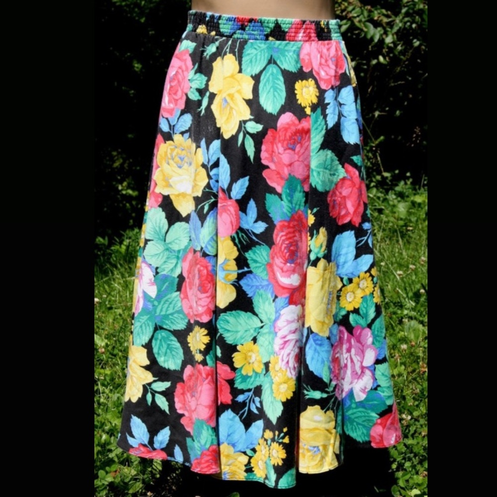 Kayo Flower Print Midi Skirt Vintage Floral Print High Waisted Peasant Skirt